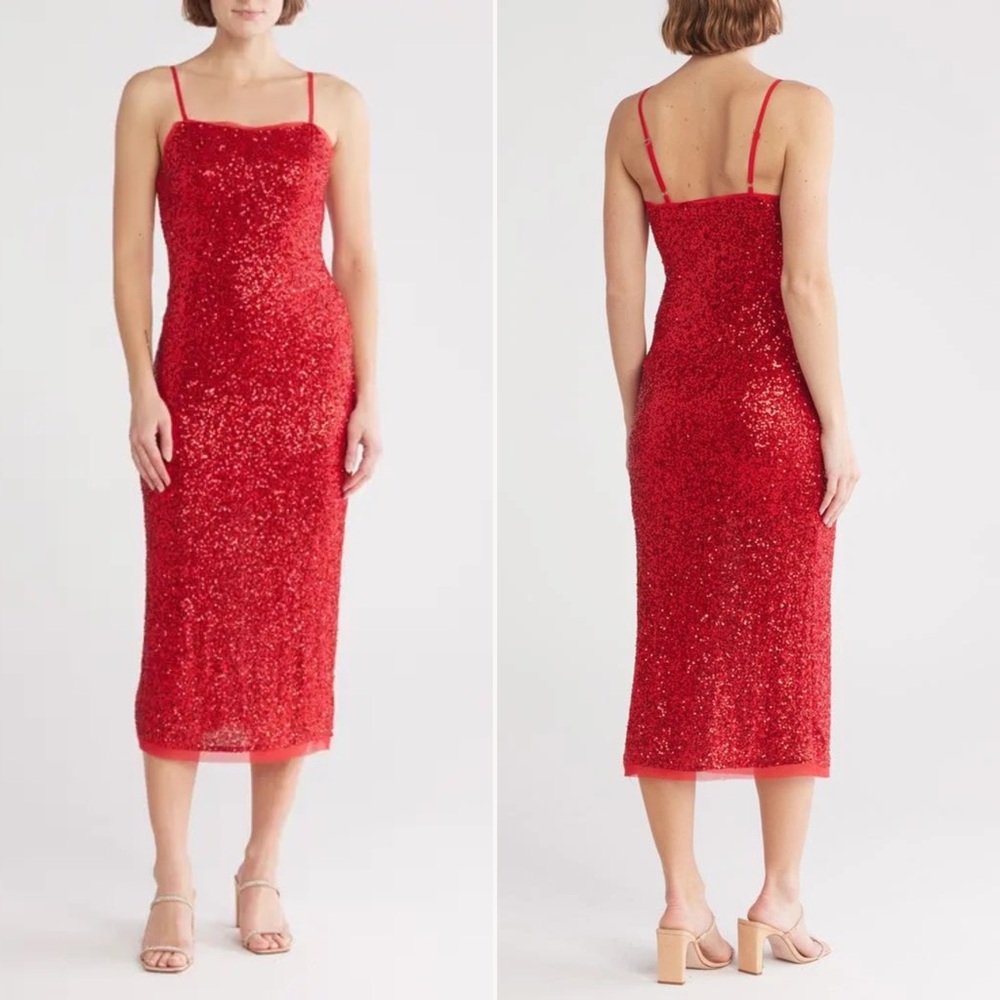 NWT | Know One Cares | Sequin Bodycon Midi Dress in Red | Sz S